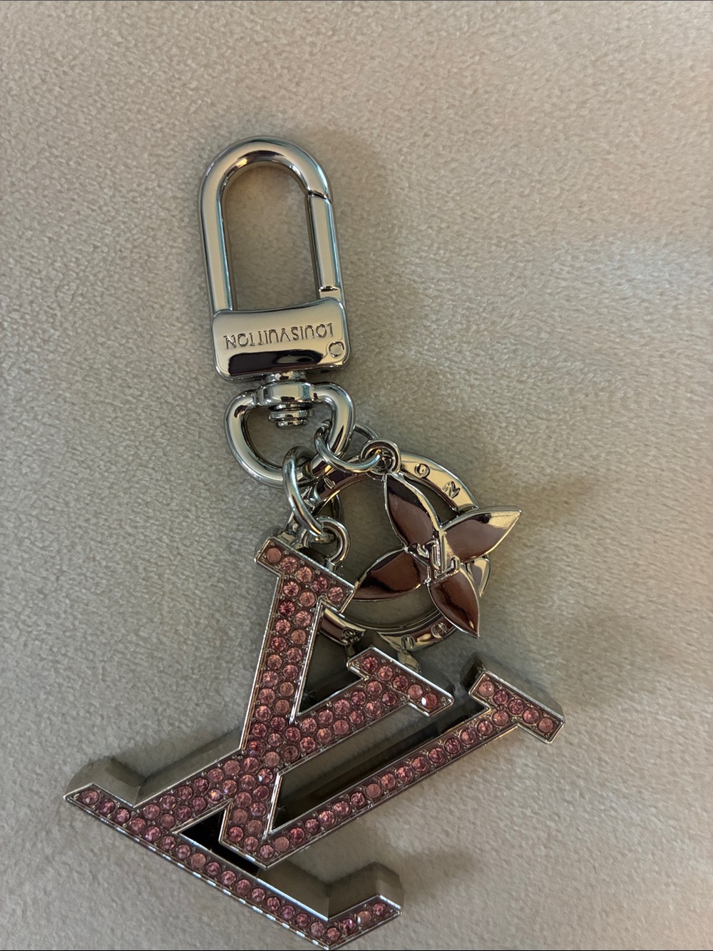 Louis Vuitton Silver & Pink Crystal LV Charm Key Clip